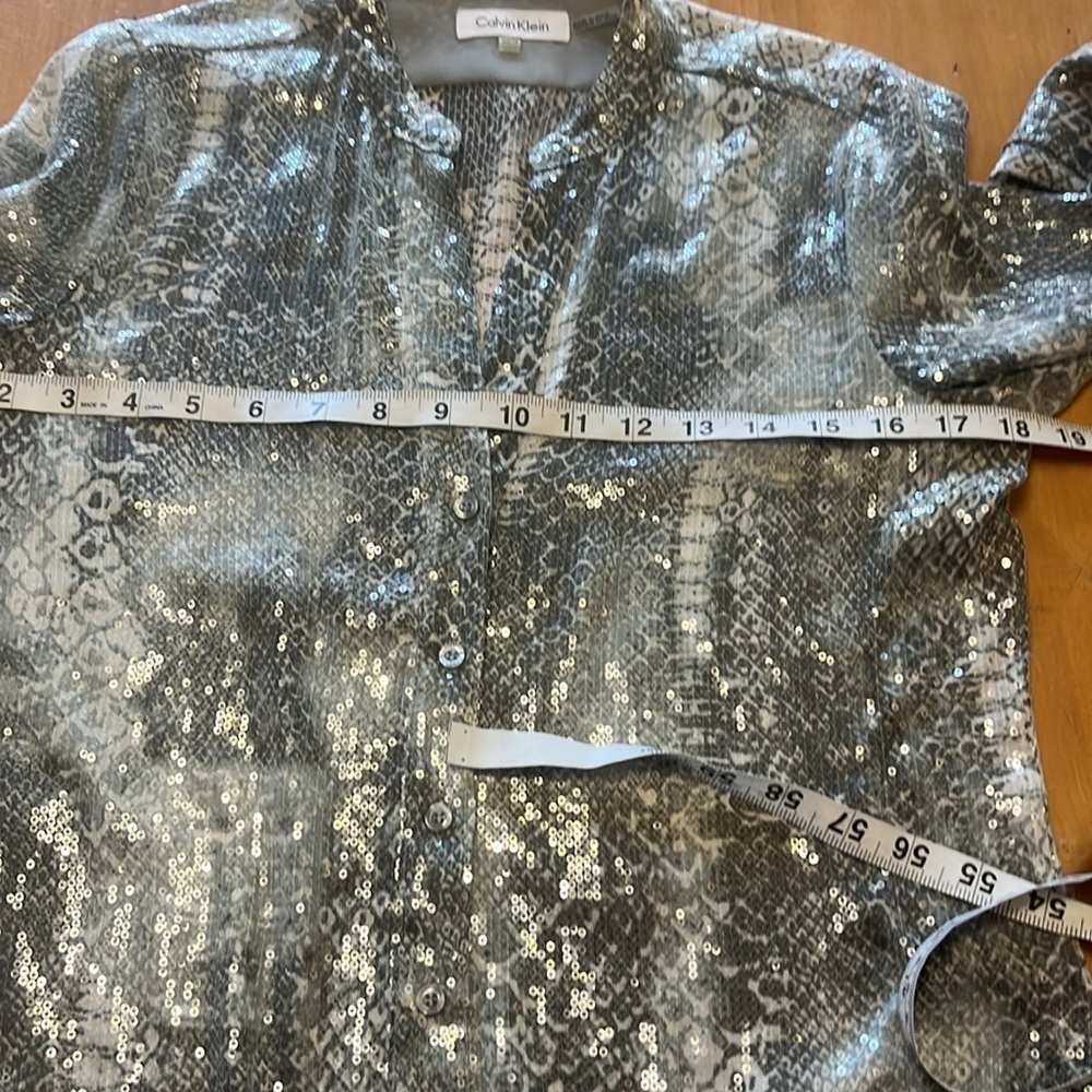 Calvin Klein Snake it Off Grey Snake Print Sheer Button-Up Top(322T) - Picture 5 of 6